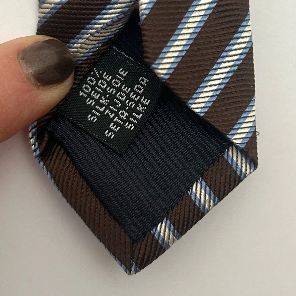 Corneliani 100% Italian Made Silk Jacquard Brown Blue White Diagonal Stripe Tie